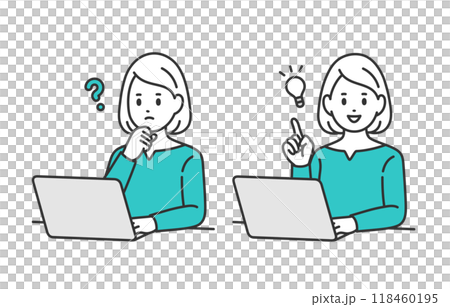 パソコンを見て疑問を持つ・ひらめきのポーズをする若い女性のセット【人物ベクターイラスト素材】 パソコンを見て疑問を持つ・ひらめきのポーズをする若い女性のセット【人物ベクターイラスト素材】 118460195