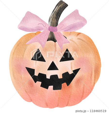 Orange pumpkin with a carved Jack-o'-lantern face with a light pink ribbon tied around the stem,watercolor style. Orange pumpkin with a carved Jack-o'-lantern face with a light pink ribbon tied around the stem,watercolor style. 118460519