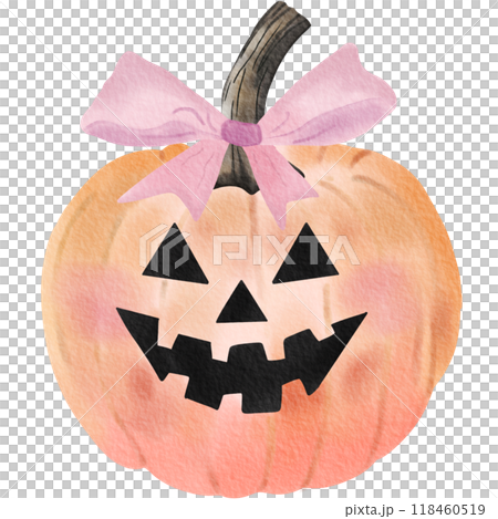 Orange pumpkin with a carved Jack-o'-lantern face with a light pink ribbon tied around the stem,watercolor style. Orange pumpkin with a carved Jack-o'-lantern face with a light pink ribbon tied around the stem,watercolor style. 118460519
