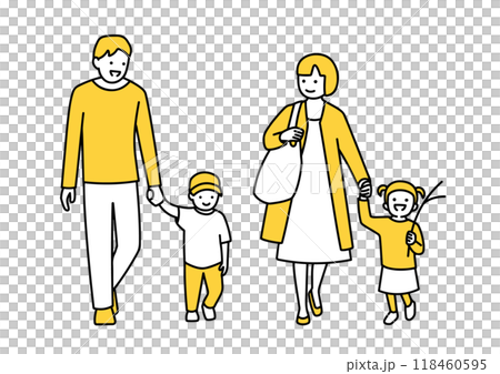 Illustration of a parent and child walking hand in hand _ father, mother and two children Illustration of a parent and child walking hand in hand _ father, mother and two children 118460595