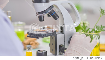 A scientist meticulously adjusts the focus of a microscope, surrounded by various herbs and roots in petri dishes, highlights analysis of natural ingredients for potential medicinal benefits. A scientist meticulously adjusts the focus of a microscope, surrounded by various herbs and roots in petri dishes, highlights analysis of natural ingredients for potential medicinal benefits. 118460947