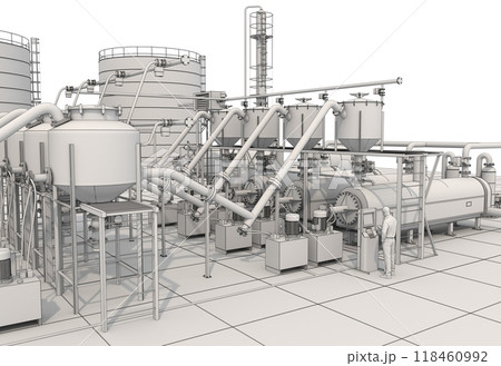 oil refinery, chemical production, waste processing plant, exterior visualization, 3D illustration, cg 118460992
