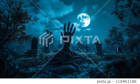 A decayed zombie hand rises from a grave under a full moon in a spooky graveyard. The concept conveys a chilling Halloween or supernatural theme. Generative AI. A decayed zombie hand rises from a grave under a full moon in a spooky graveyard. The concept conveys a chilling Halloween or supernatural theme. Generative AI. 118461186