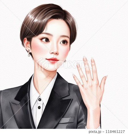 黒いスーツを着て手を見せている女性 118461227