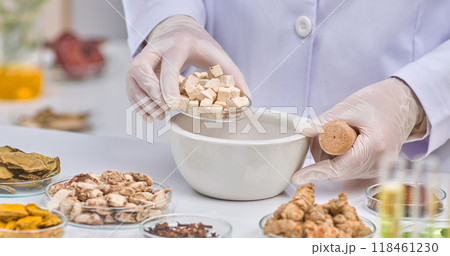 A scientist carefully transfers cubed herbs from a glass dish into a mortar. The organized workspace highlights various herbal specimens, showcasing meticulous preparation. 118461230