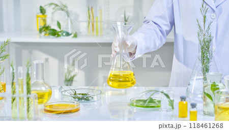 Template photo with laboratory background features a scientist is holding a beaker containing a yellow liquid while the table is filled with various laboratory equipment containing herbs. Template photo with laboratory background features a scientist is holding a beaker containing a yellow liquid while the table is filled with various laboratory equipment containing herbs. 118461268