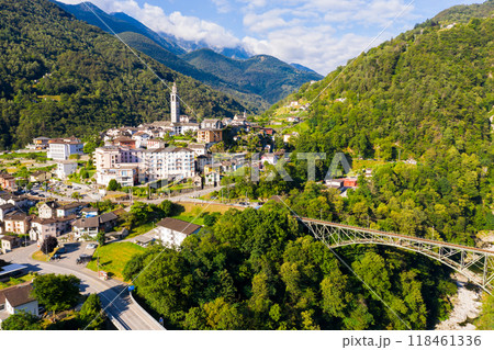 Aerial view of Swiss hamlet of Intragna in Alps in summertime Aerial view of Swiss hamlet of Intragna in Alps in summertime 118461336