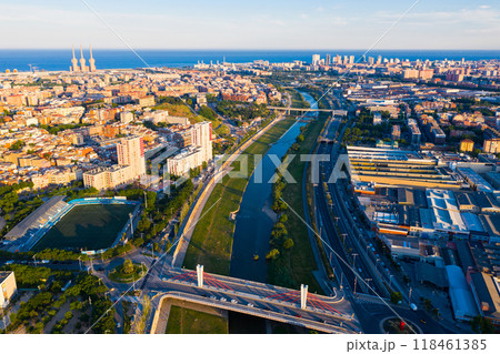Roofs of town Barcelona and district Sant Adria de Besos, Besos river Roofs of town Barcelona and district Sant Adria de Besos, Besos river 118461385