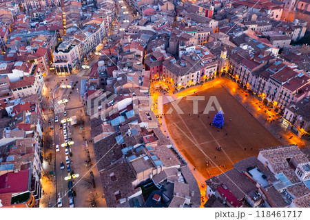 Aerial view of Vic overlooking main Christmas tree on central square in winter evening Aerial view of Vic overlooking main Christmas tree on central square in winter evening 118461717
