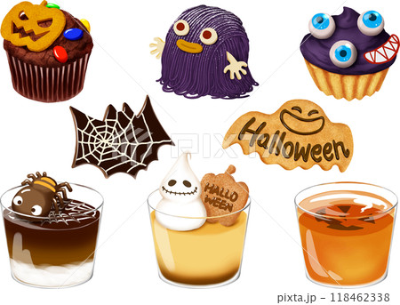 ハロウィンスイーツバラエティ カップケーキ クッキー ゼリー プリン ムース モンブランケーキ ハロウィンスイーツバラエティ カップケーキ クッキー ゼリー プリン ムース モンブランケーキ 118462338