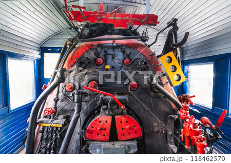 NUREMBER, GERMANY - OCTOBER 30, 2022 - View from a driver's cabin of an old steam locomotive NUREMBER, GERMANY - OCTOBER 30, 2022 - View from a driver's cabin of an old steam locomotive 118462570