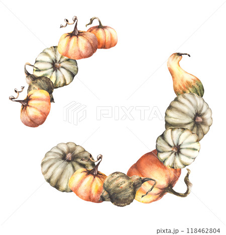 Pumpkins wreath. Fall vegetables harvest circular frame. Isolated from background. Watercolor autumn illustration. Hand drawn nature gardening template. Thanksgiving day, halloween card, label print 118462804
