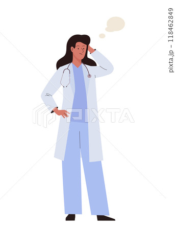 Doctor woman standing in doubt with speech bubble over head. Confused female medic character in lab coat and stethoscope hold hand behind her head Doctor woman standing in doubt with speech bubble over head. Confused female medic character in lab coat and stethoscope hold hand behind her head 118462849