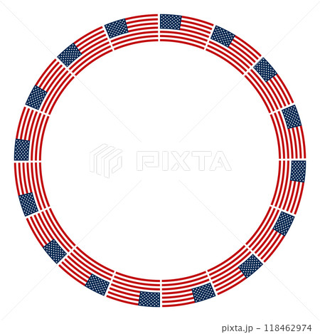 Circle frame with pattern of the United States national flag. Decorative border made of bend Stars and Stripes motif, also called The Old Glory, or The Star-Spangled Banner. Isolated illustration. 118462974