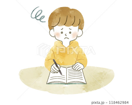 困った表情でノートに記入している男性-水彩 118462984