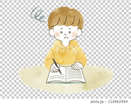 困った表情でノートに記入している男性-水彩 118462984