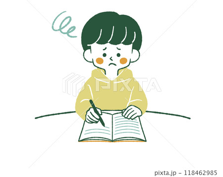 困った表情でノートに記入している男性-4色 118462985