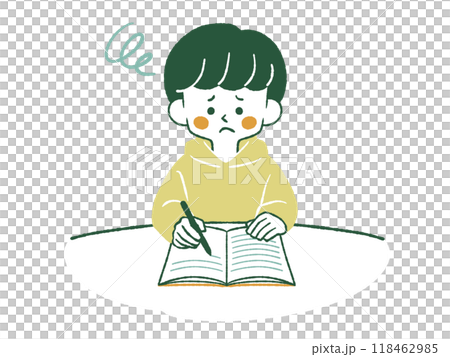 困った表情でノートに記入している男性-4色 118462985