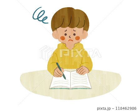 困った表情でノートに記入している男性-ガッシュ 困った表情でノートに記入している男性-ガッシュ 118462986