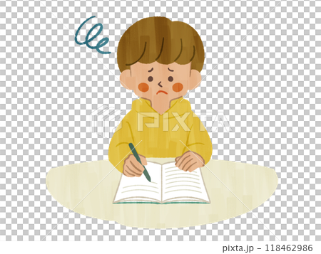 困った表情でノートに記入している男性-ガッシュ 困った表情でノートに記入している男性-ガッシュ 118462986