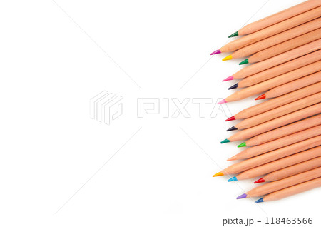 Colored pencils isolated on white background. Top view. 118463566