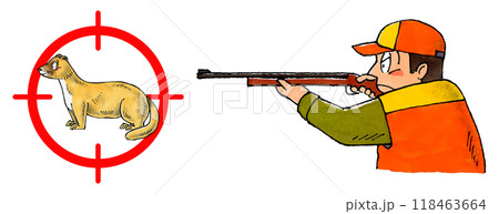 ライフル銃をかまえる猟師とイタチターゲットマーク 118463664