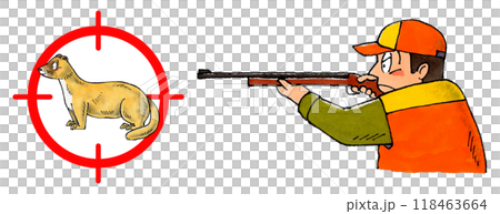 ライフル銃をかまえる猟師とイタチターゲットマーク 118463664