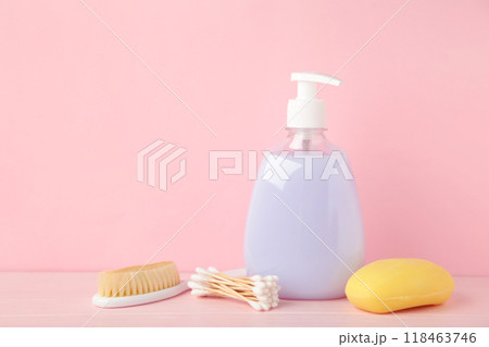Toiletries baby on pink background. Baby shower gel 118463746
