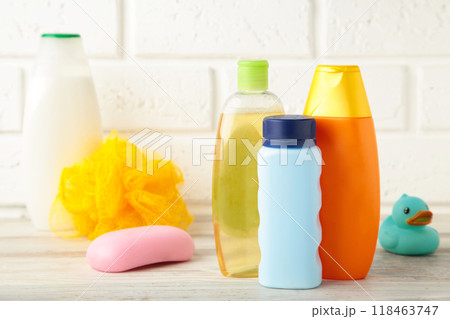 Toiletries baby on light background. Baby shower gel 118463747