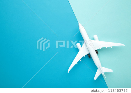 Model airplane on blue pastel color background. Model airplane on blue pastel color background. 118463755