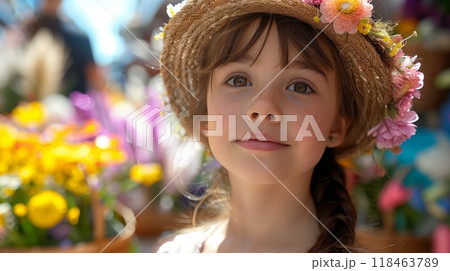 A Young Girl in a Straw Hat Adorned With Flowers Stands Among Vibrant Blooms at a Market 118463789