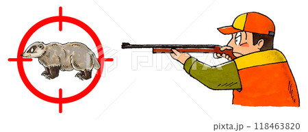 ライフル銃をかまえる猟師とアナグマターゲットマーク 118463820