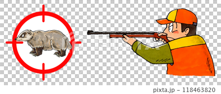 ライフル銃をかまえる猟師とアナグマターゲットマーク 118463820