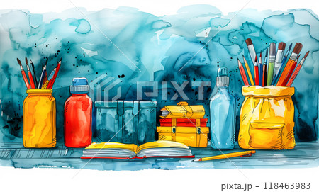 Colorful Art Supplies Arranged on a Table With a Vibrant Blue Backdrop in a Creative Workspace 118463983