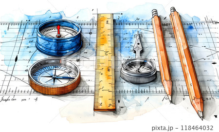 Artistic Arrangement of Drawing Tools Including Compasses and Rulers on a Blueprint Background 118464032
