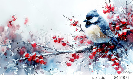 A Blue Tit Perched on a Snowy Branch Adorned With Bright Red Berries in Winter's Embrace 118464071