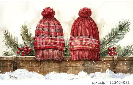 Warm Knitted Red Hats Rest on a Rustic Wooden Fence Adorned With Greenery and Snow 118464081