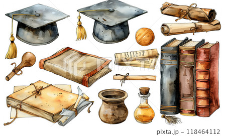 Creative Illustration of Graduation Caps, Books, Scrolls, and Academic Items 118464112