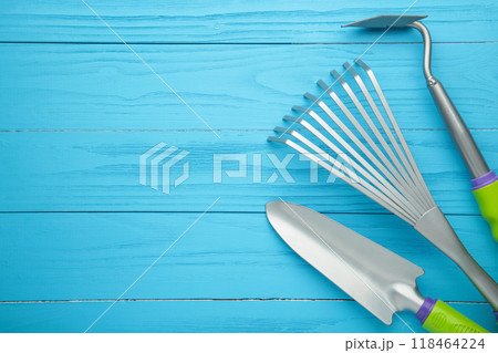 Gardening tools on blue wooden background with copy space Gardening tools on blue wooden background with copy space 118464224