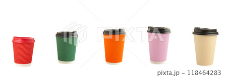 Design concept of mockup coffee cup set on isolated on white background. Copy space for text and logo. Collage of different cup 118464283