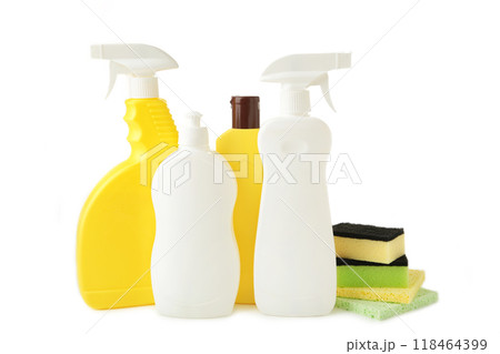 Sprayer with rags and sponge for cleaning isolated on white. 118464399