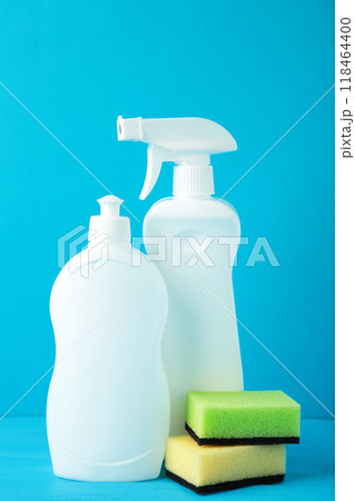 Set of cleaning tools on a blue background. 118464400