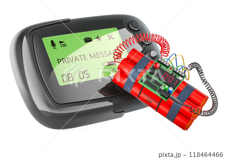 Pager with TNT bomb. Pager attack, pager explosions, concept. 3D rendering 118464466