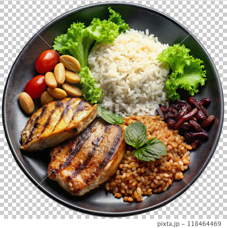 grilled chicken with rice and vegetables 118464469