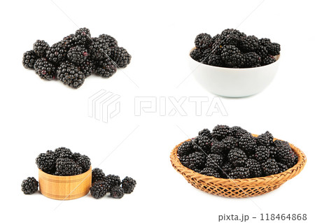 Collage of fresh blackberry isolated on white background. Top view 118464868