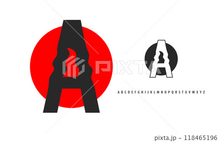 Letter A silhouette on red sun, twisting alphabet. Japanese logo for sushi roll restaurant logo, asian cultural event logotype. Vector logo and typeset Letter A silhouette on red sun, twisting alphabet. Japanese logo for sushi roll restaurant logo, asian cultural event logotype. Vector logo and typeset 118465196