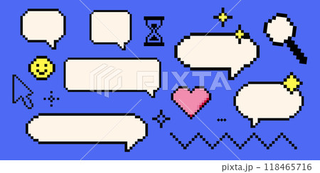 Set of pixel art cloud bubble quote box speech bubble dialog retro 8 bit arcade game interface, manga. Comic chat rectange pixel elements, arrow, star, heart. Set of pixel art cloud bubble quote box speech bubble dialog retro 8 bit arcade game interface, manga. Comic chat rectange pixel elements, arrow, star, heart. 118465716