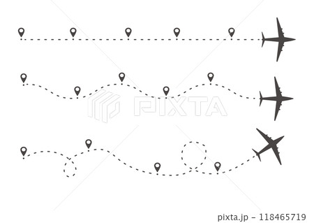 Plane timeine trail dashed line with pin. Infographic destination work process template. Airplane icons, roadmap infographic and travel path routes with location 118465719
