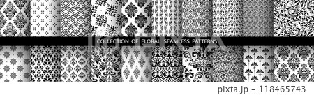 Geometric floral set of seamless patterns. White and black vector backgrounds. Damask graphic ornaments. Geometric floral set of seamless patterns. White and black vector backgrounds. Damask graphic ornaments. 118465743