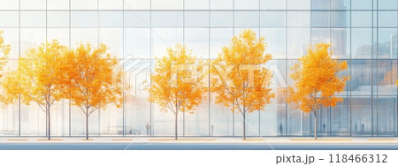 urban street with a row of autumn trees with golden leaves, modern buildings with large glass windows in the background 118466312